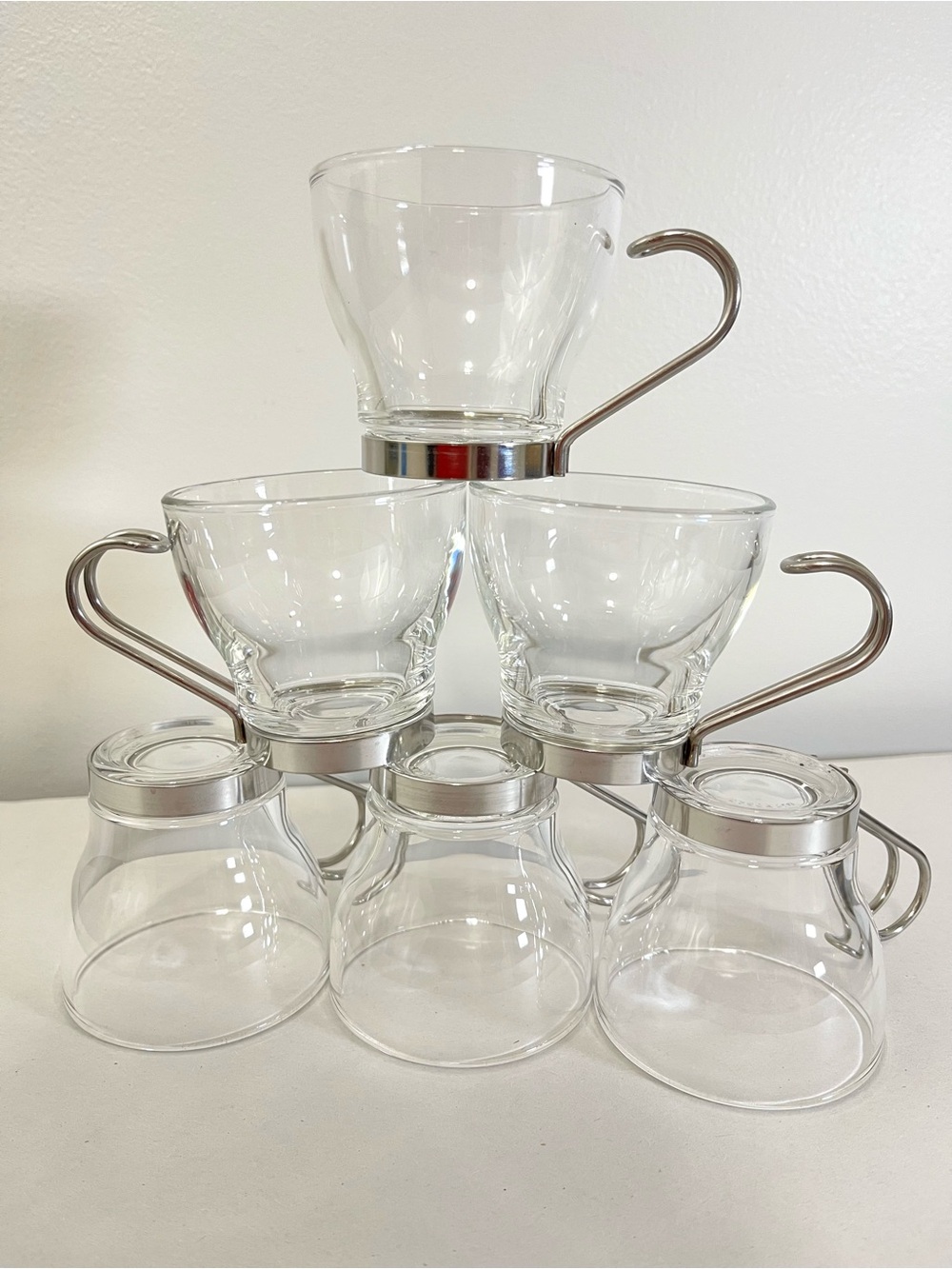 Vintage Vitrosax Set of Six Glass Espresso Mugs With Stainless Steel Handles